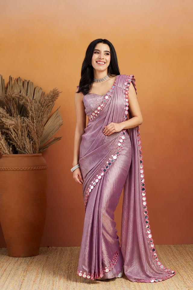 Purple Solid with Mirror Work Border Chiffon Ready to Wear Saree (ACB2699)