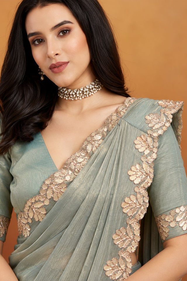 Green Solid with Embroidered Border Chiffon Ready to Wear Saree (ACB2700)