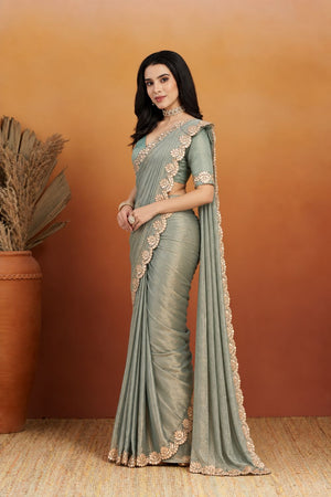 Green Solid with Embroidered Border Chiffon Ready to Wear Saree (ACB2700)