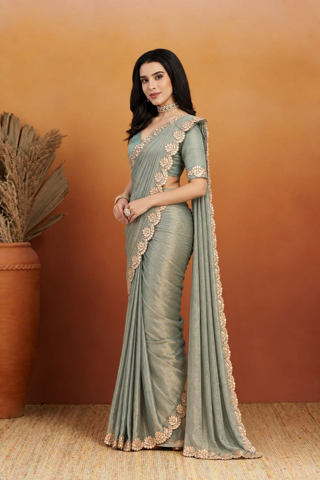 Green Solid with Embroidered Border Chiffon Ready to Wear Saree (ACB2700)