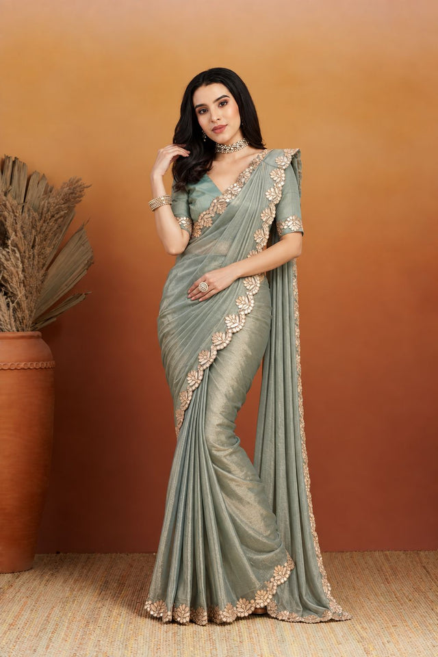 Green Solid with Embroidered Border Chiffon Ready to Wear Saree (ACB2700)