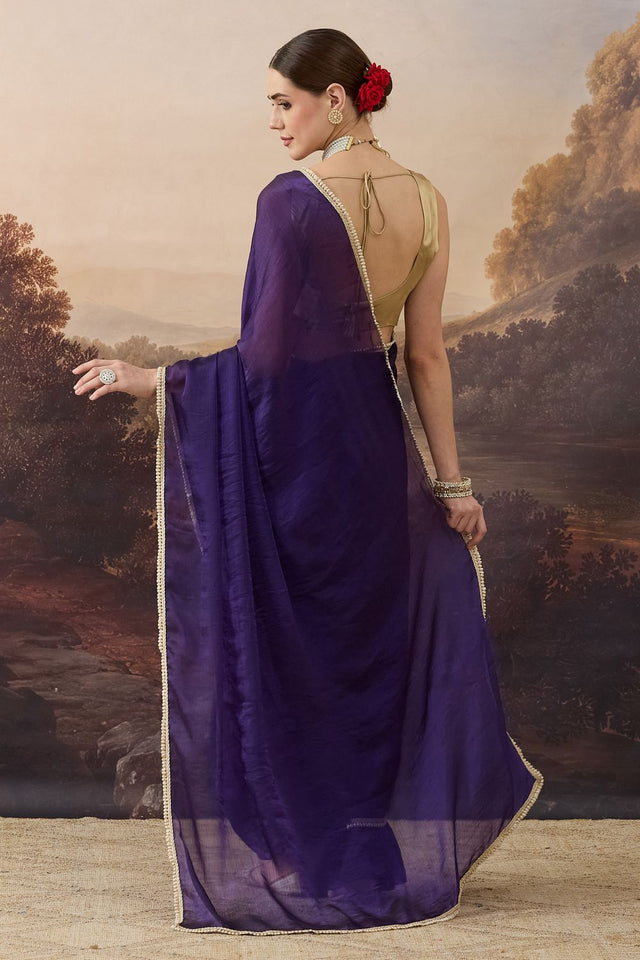 Violet Solid with Zari Border Satin Ready to Wear Saree (ACB2701)