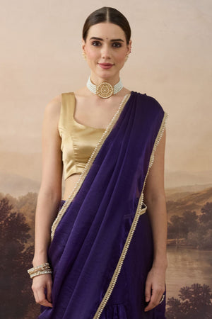 Violet Solid with Zari Border Satin Ready to Wear Saree (ACB2701)
