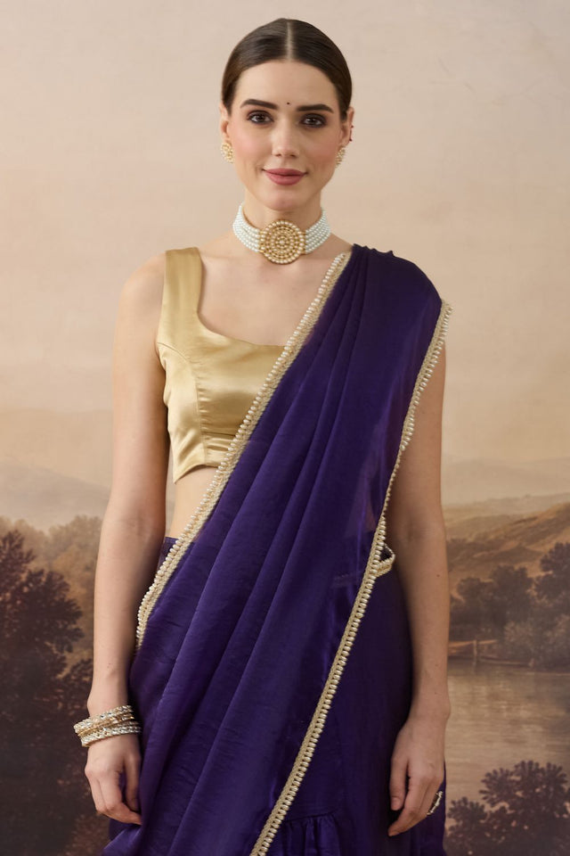 Violet Solid with Zari Border Satin Ready to Wear Saree (ACB2701)