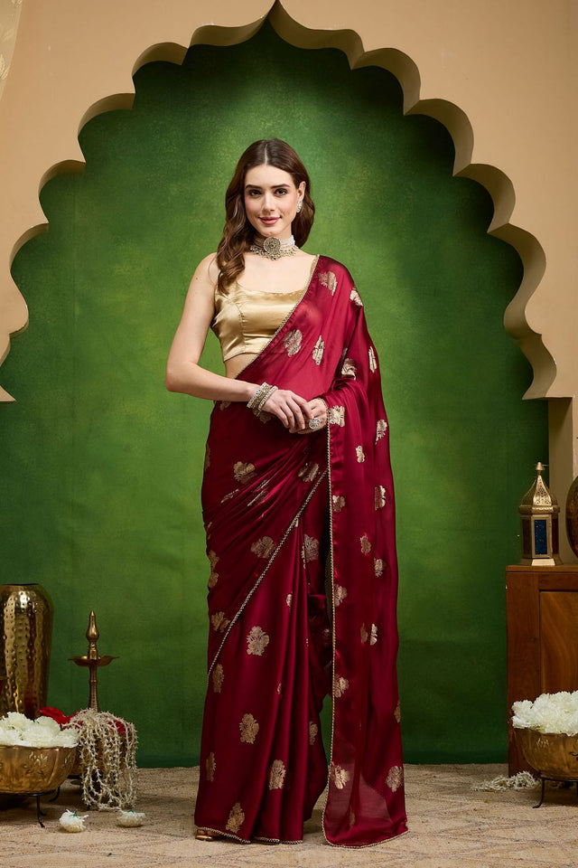 Maroon Woven Satin Ready to Wear Saree (ACB2704)