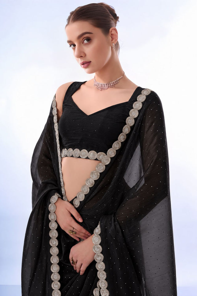 Black Embellished Satin Ready to Wear Saree (ACB2705)