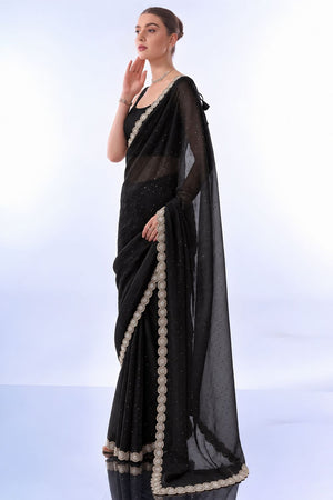 Black Embellished Satin Ready to Wear Saree (ACB2705)