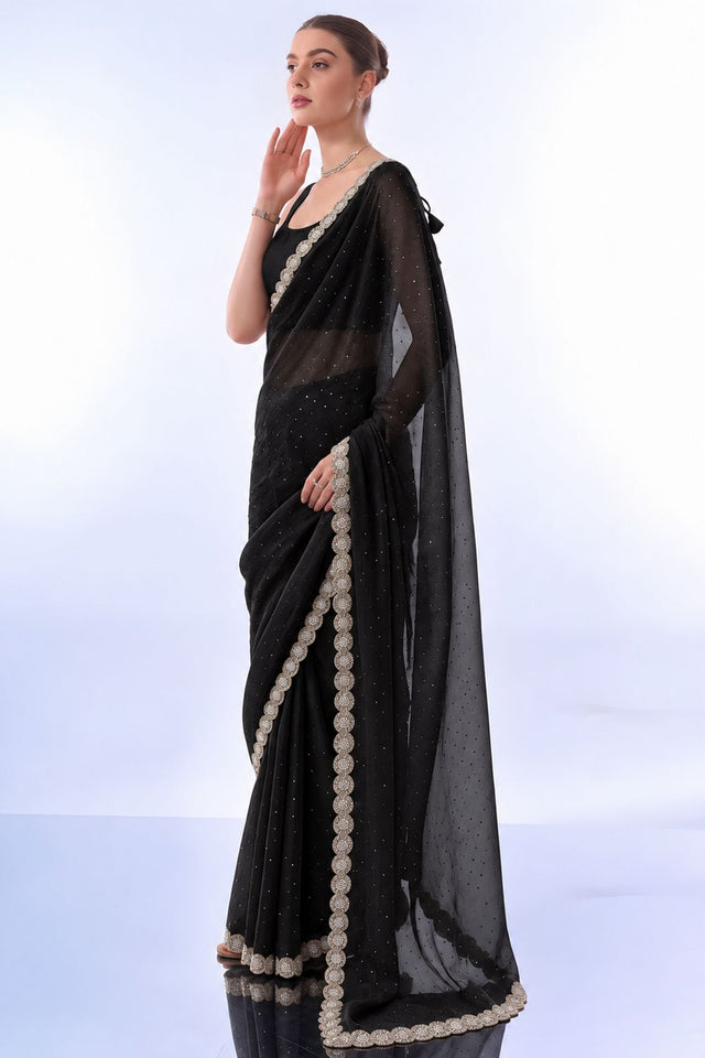 Black Embellished Satin Ready to Wear Saree (ACB2705)