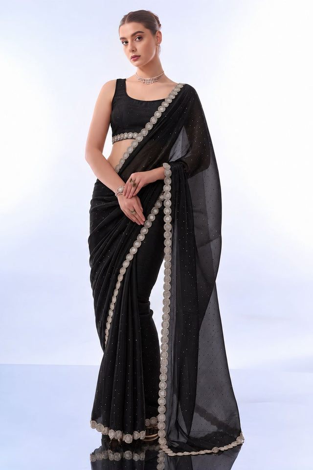 Black Embellished Satin Ready to Wear Saree (ACB2705)