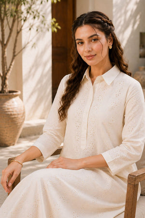Off White Floral Embroidered Cotton Palazzo Suit (ACB2714)