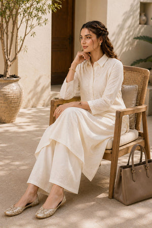 Off White Floral Embroidered Cotton Palazzo Suit (ACB2714)