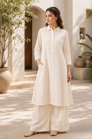 Off White Floral Embroidered Cotton Palazzo Suit (ACB2714)