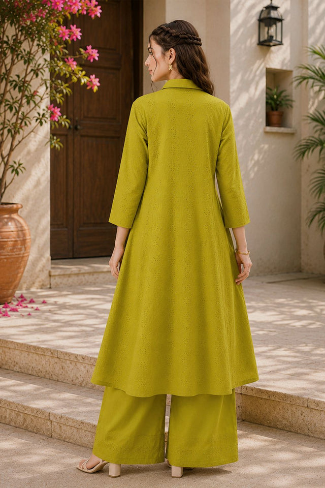 Green Floral Embroidered Cotton Palazzo Suit (ACB2715)
