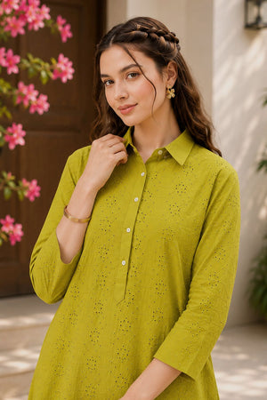 Green Floral Embroidered Cotton Palazzo Suit (ACB2715)