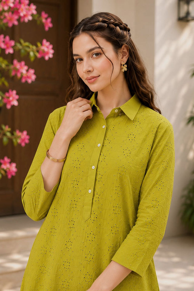 Green Floral Embroidered Cotton Palazzo Suit (ACB2715)