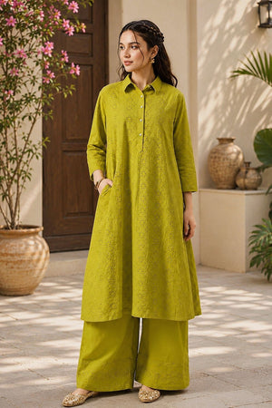 Green Floral Embroidered Cotton Palazzo Suit (ACB2715)