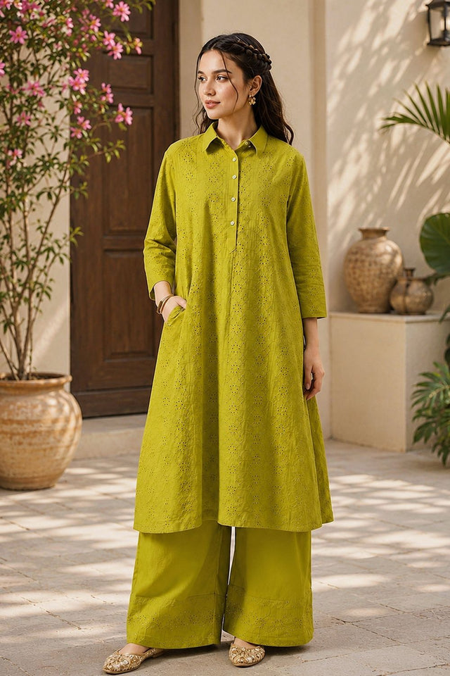 Green Floral Embroidered Cotton Palazzo Suit (ACB2715)