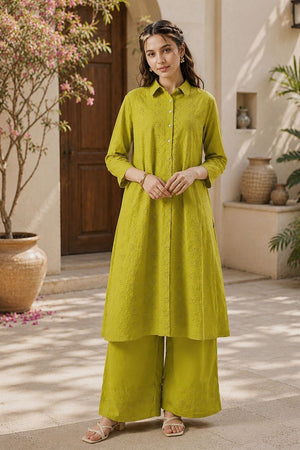 Green Floral Embroidered Cotton Palazzo Suit (ACB2715)