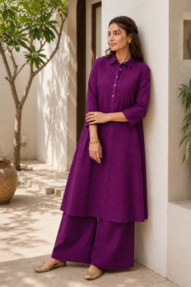 Voilet Floral Embroidered Cotton Palazzo Suit (ACB2716)