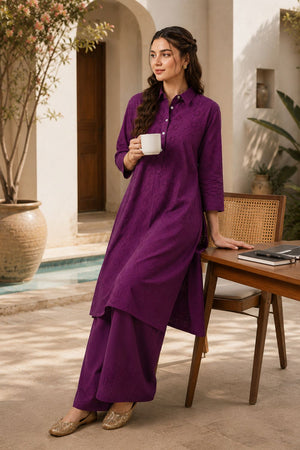 Voilet Floral Embroidered Cotton Palazzo Suit (ACB2716)
