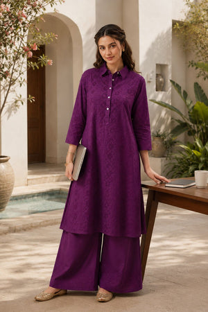 Voilet Floral Embroidered Cotton Palazzo Suit (ACB2716)
