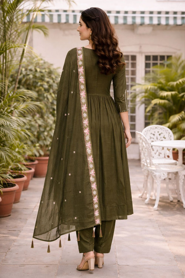Mehendi Floral Embroidered Silk Anarkali Suit (ACB2718)