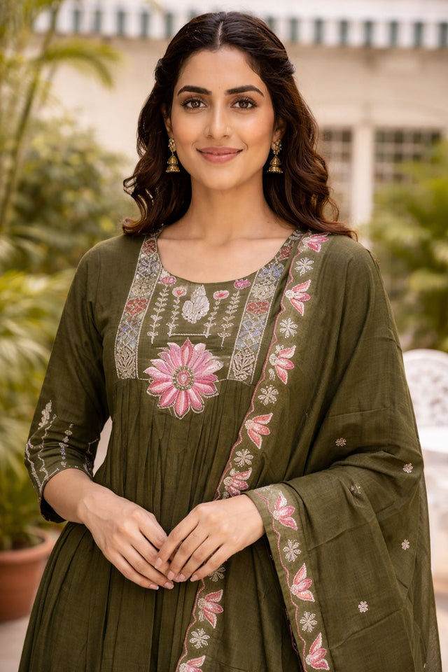 Mehendi Floral Embroidered Silk Anarkali Suit (ACB2718)
