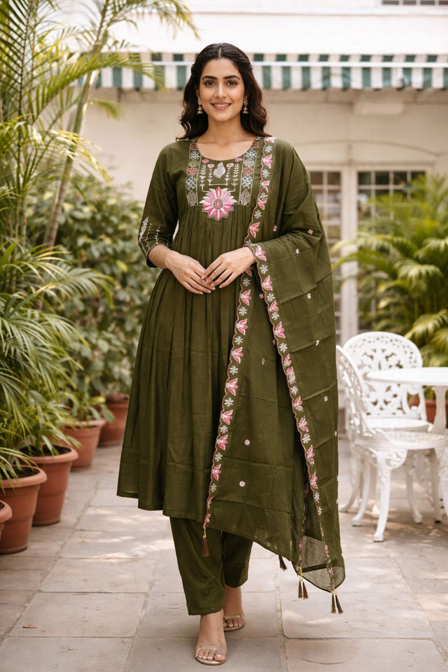 Mehendi Floral Embroidered Silk Anarkali Suit (ACB2718)