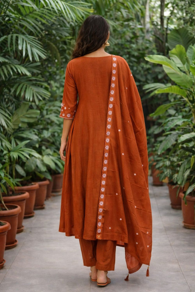 Orange Floral Embroidered Silk Anarkali Suit (ACB2719)