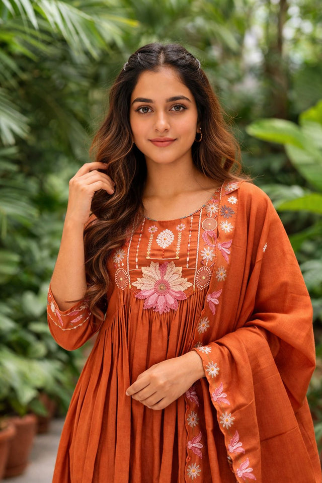 Orange Floral Embroidered Silk Anarkali Suit (ACB2719)