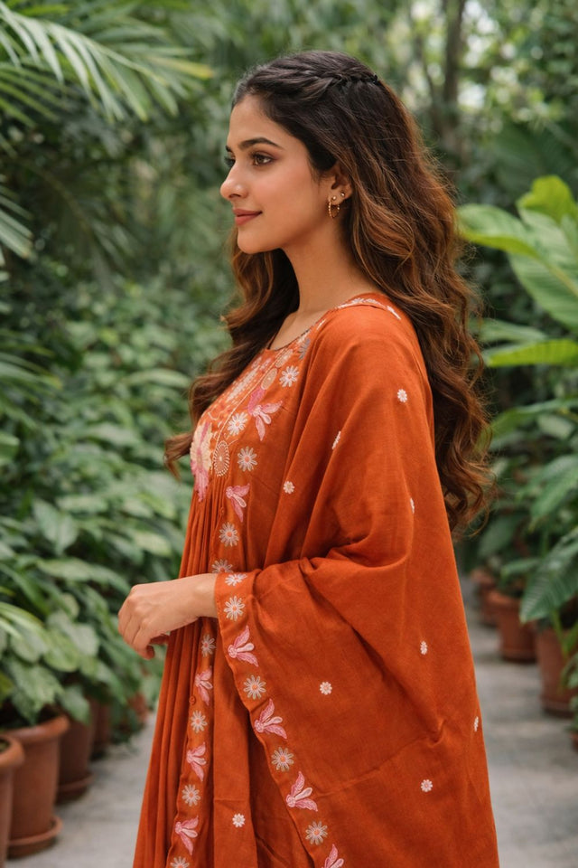 Orange Floral Embroidered Silk Anarkali Suit (ACB2719)