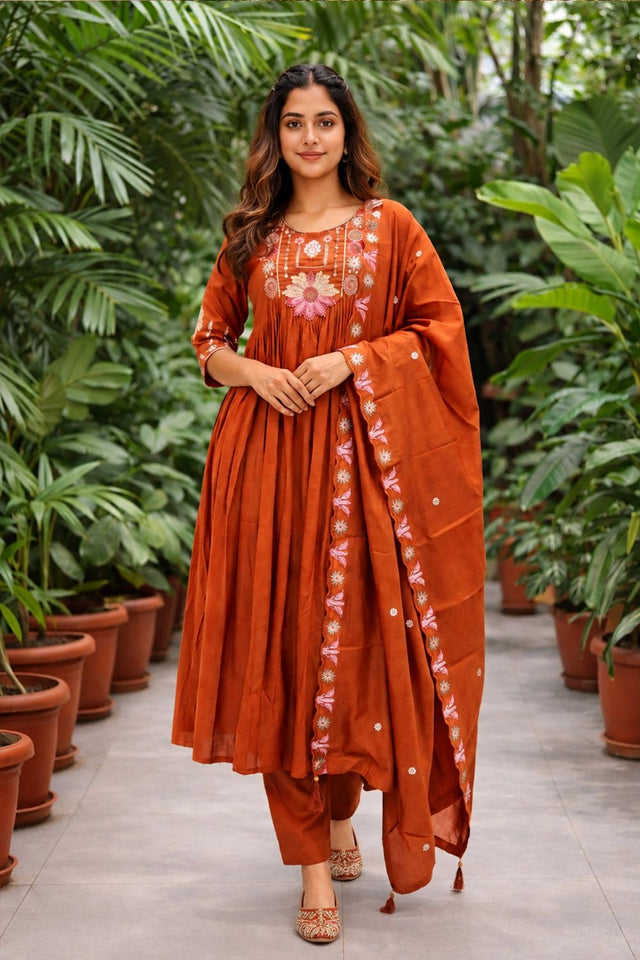 Orange Floral Embroidered Silk Anarkali Suit (ACB2719)
