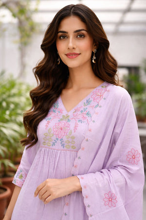 Purple Floral Embroidered Silk Straight Cut Suit (ACB2721)
