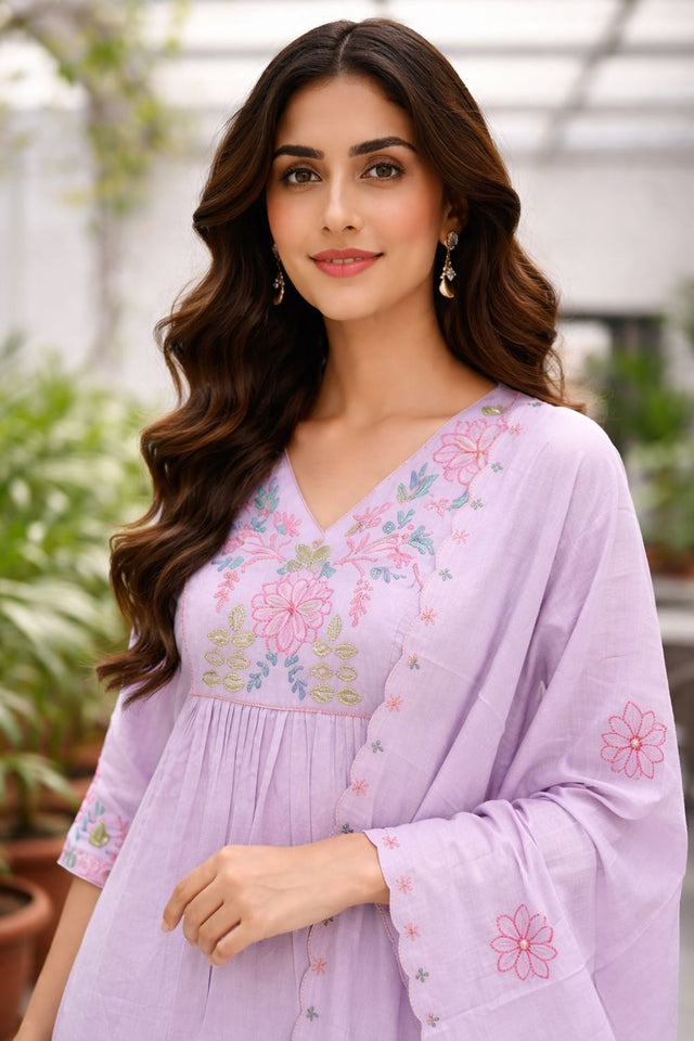 Purple Floral Embroidered Silk Straight Cut Suit (ACB2721)