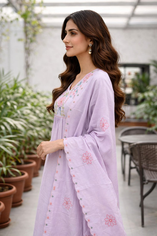 Purple Floral Embroidered Silk Straight Cut Suit (ACB2721)