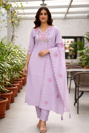 Purple Floral Embroidered Silk Straight Cut Suit (ACB2721)