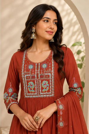 Orange Floral Embroidered Silk Anarkali Suit (ACB2725)