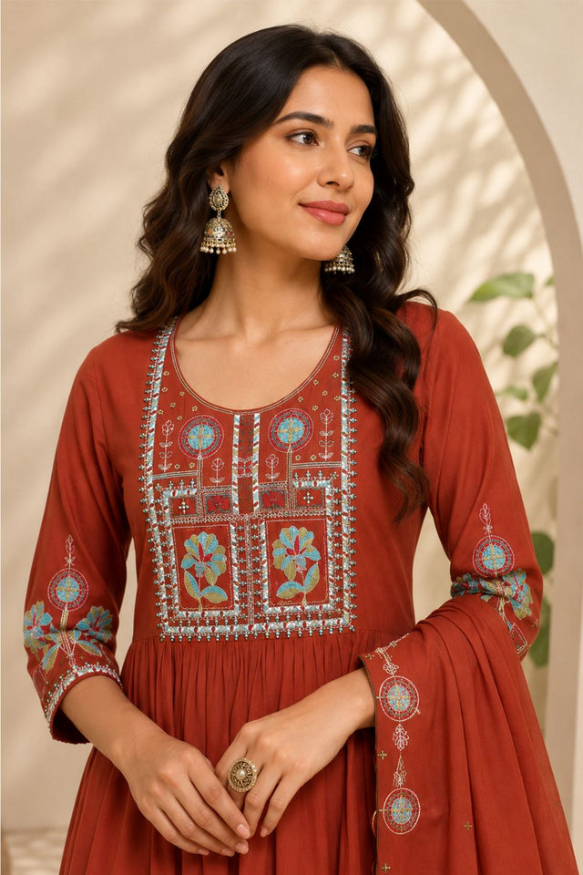 Orange Floral Embroidered Silk Anarkali Suit (ACB2725)