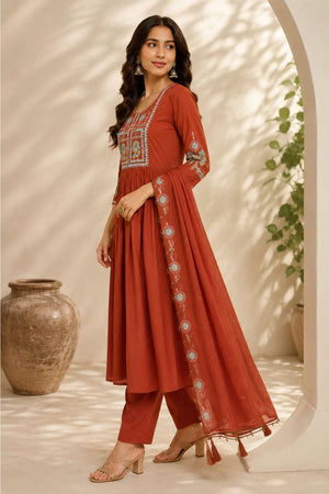 Orange Floral Embroidered Silk Anarkali Suit (ACB2725)