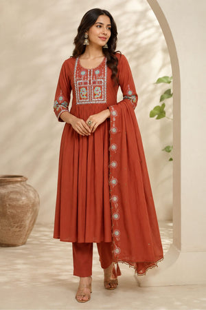 Orange Floral Embroidered Silk Anarkali Suit (ACB2725)