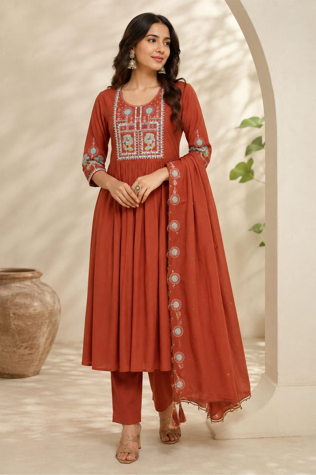 Orange Floral Embroidered Silk Anarkali Suit (ACB2725)