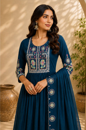Turquise Floral Embroidered Silk Anarkali Suit (ACB2727)
