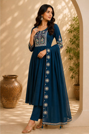 Turquise Floral Embroidered Silk Anarkali Suit (ACB2727)