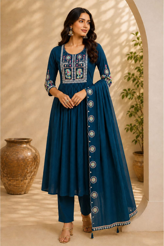 Turquise Floral Embroidered Silk Anarkali Suit (ACB2727)