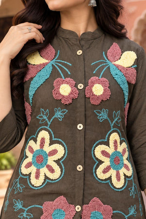 Coffee Floral Embroidered Nylon Co-Ord Set (ACB2742)