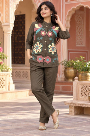 Coffee Floral Embroidered Nylon Co-Ord Set (ACB2742)
