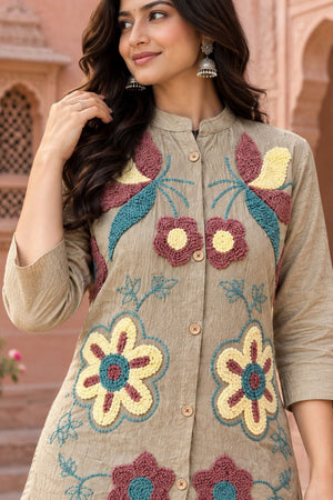 Beige Floral Embroidered Nylon Co-Ord Set (ACB2743)
