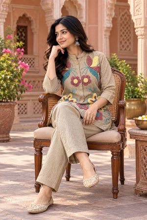 Beige Floral Embroidered Nylon Co-Ord Set (ACB2743)