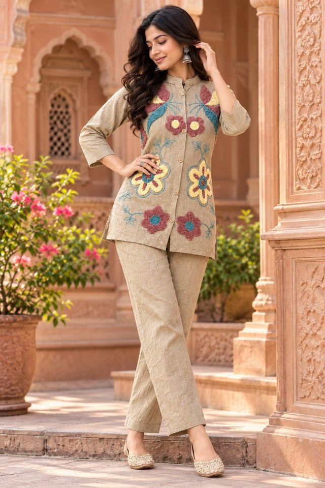 Beige Floral Embroidered Nylon Co-Ord Set (ACB2743)