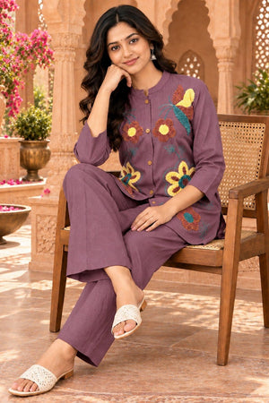 Levender Floral Embroidered Nylon Co-Ord Set (ACB2744)
